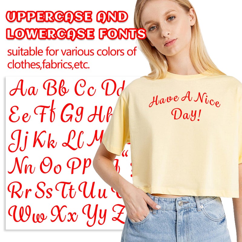 LUHIMO 5 Sheets 285 Pieces Iron On Letters for Clothing, 1 Inch Red Heat Transfer Vinyl Letters, Iron On Cursive Upper & Lowercase Alphabets Decals with A-Z for Backpackï¼ŒJerseysï¼ŒFabric T-Shirts DIY - Image 5