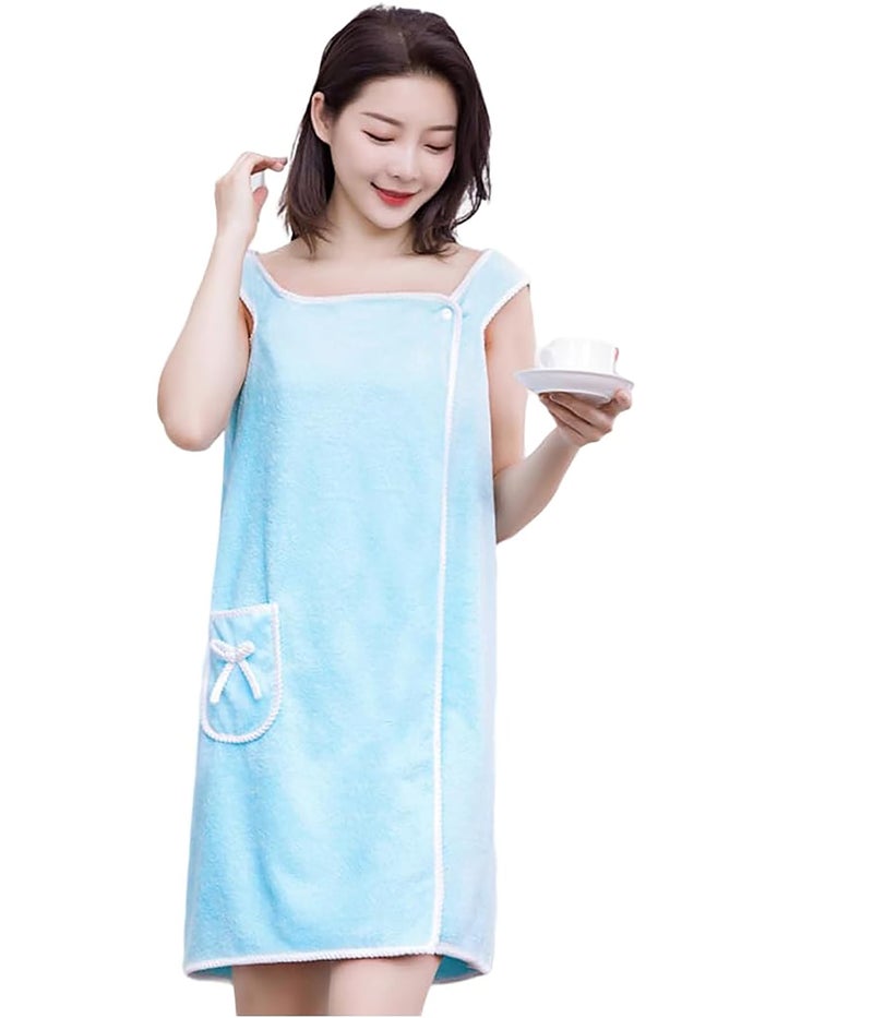CLUZE Women Wearable Bath Towel Soft Cozy Spa Wraps with Snap Closure Off Shoulder Bathrobe Dress Microfiber- Sky - Image 3