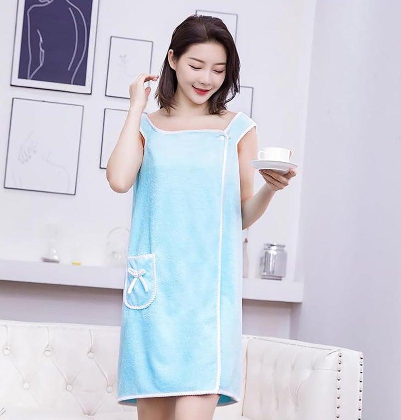 CLUZE Women Wearable Bath Towel Soft Cozy Spa Wraps with Snap Closure Off Shoulder Bathrobe Dress Microfiber- Sky - Image 2