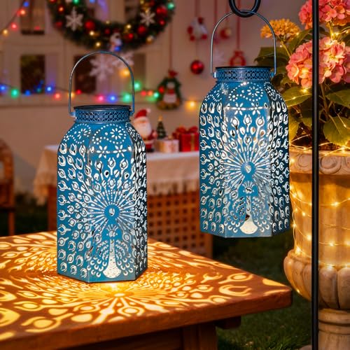 HOMEIMPRO Solar Lanterns Outdoor Waterproof Peacock Garden Gifts Women Mom, Big Solar Lights, Garden Decor, Yard Art, Outside Birthday, Mothers' Day Birthday Gifts Grandma Grandpa(2Pack, Blue Gold - Image 1