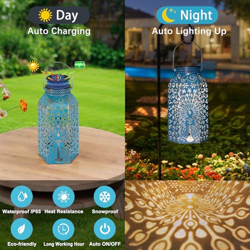 HOMEIMPRO Solar Lanterns Outdoor Waterproof Peacock Garden Gifts Women Mom, Big Solar Lights, Garden Decor, Yard Art, Outside Birthday, Mothers' Day Birthday Gifts Grandma Grandpa(2Pack, Blue Gold - Image 4