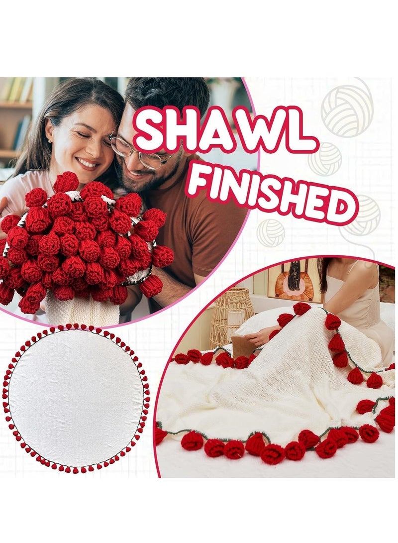 43.3 inches Romantic Knitted Rose Floral Throw Blankets, Crochet Flower Bouquet Blanket, Finished Rose Bouquet Blanket Sofa Blankets, Decoration Blanket for Home or Car , Luxury Crochet Flower Roses Blankets for Birthday Mother's Day Valentine’s Day Gift, Red - Image 1