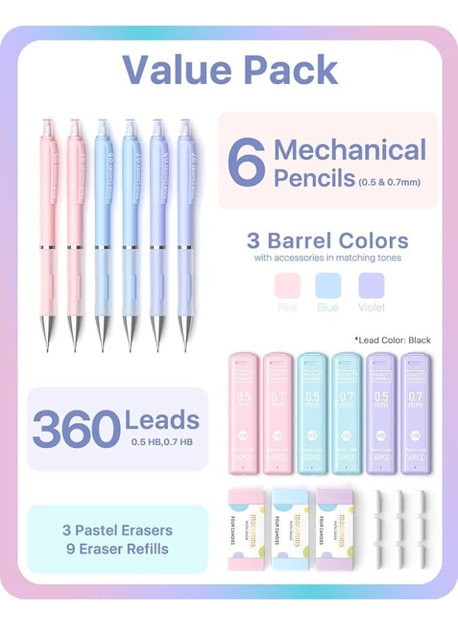 Four Candies FourCandies pastel mechanical pencil set 6 pencils 0.5mm 0.7mm with 360 HB lead refills 3 erasers 9 additional erasers - Image 2