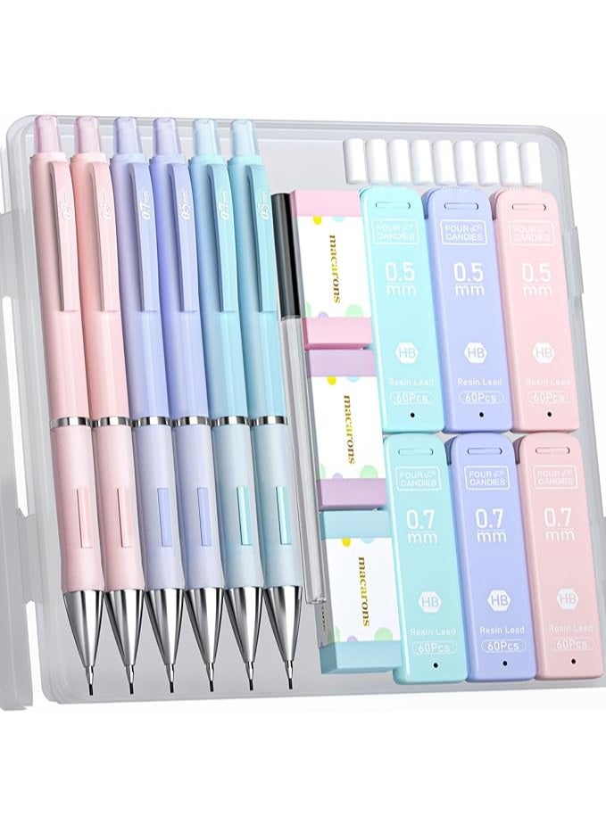 Four Candies FourCandies pastel mechanical pencil set 6 pencils 0.5mm 0.7mm with 360 HB lead refills 3 erasers 9 additional erasers - Image 1