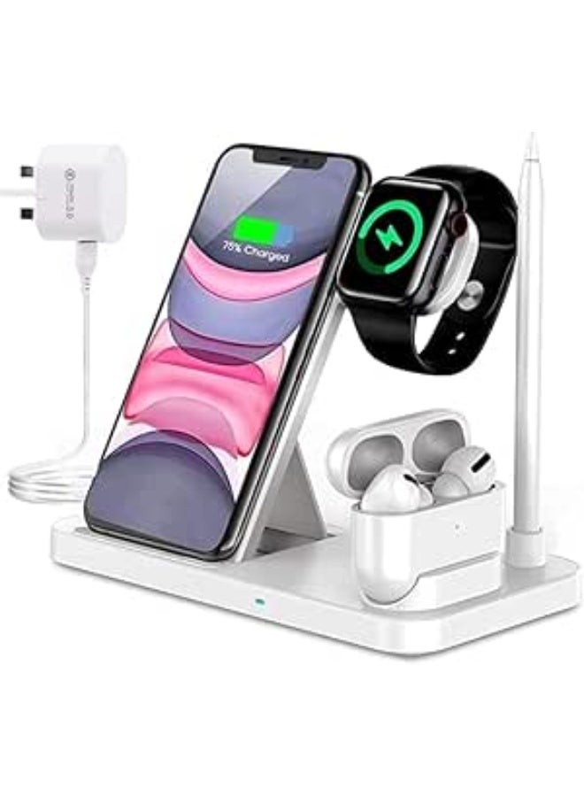 MUNTAQI 4 in 1 Wireless Charging Station for iPhone, Apple Watch, AirPods & Apple Pencil – Fast Charging Dock for iPhone 15/14/13/12/11 Pro Max, iWatch 9/8/7/SE/6, AirPods Pro, Pencil 2 – Foldable Charging Stand with Adapter - Image 1