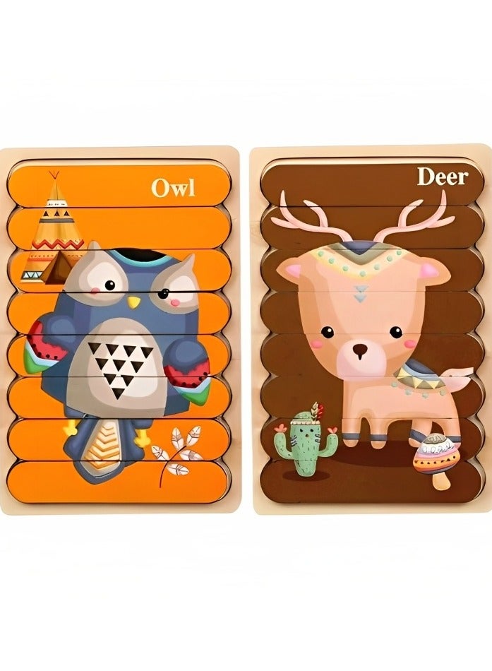 Wooden 3D Jigsaw Puzzles Double Style for Toddlers, Teacher Parents Early Learning Support Tools, Montessori Motor and Sensory Skills Develop Toys, Ideal Kids Gift (Owl  Deer Style) - Image 1