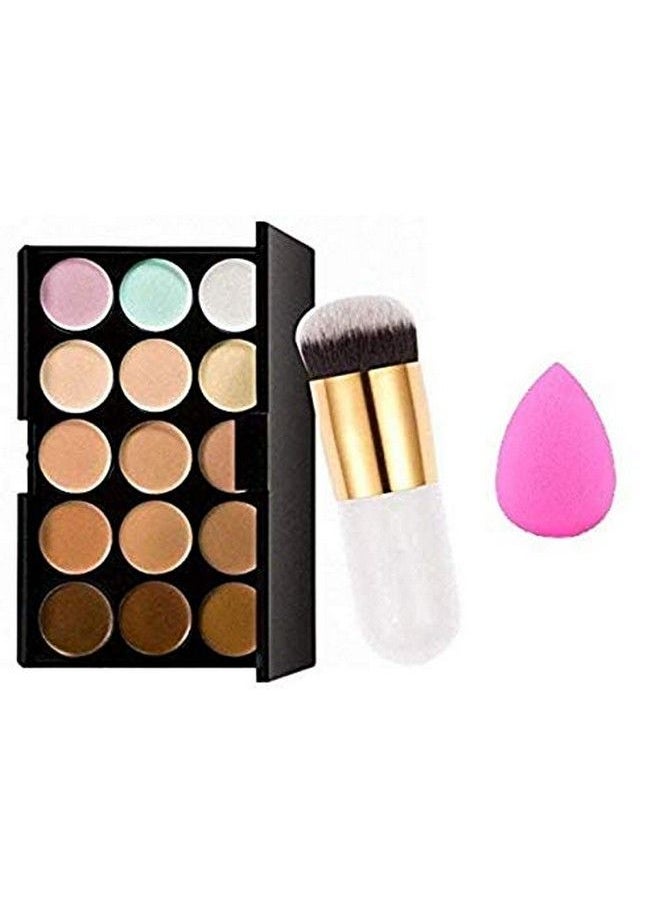 ClubComfort 15 Colors Contour Concealer Palette With Makeup Puff And Foundation Brush Pack Of 3  - Image 1