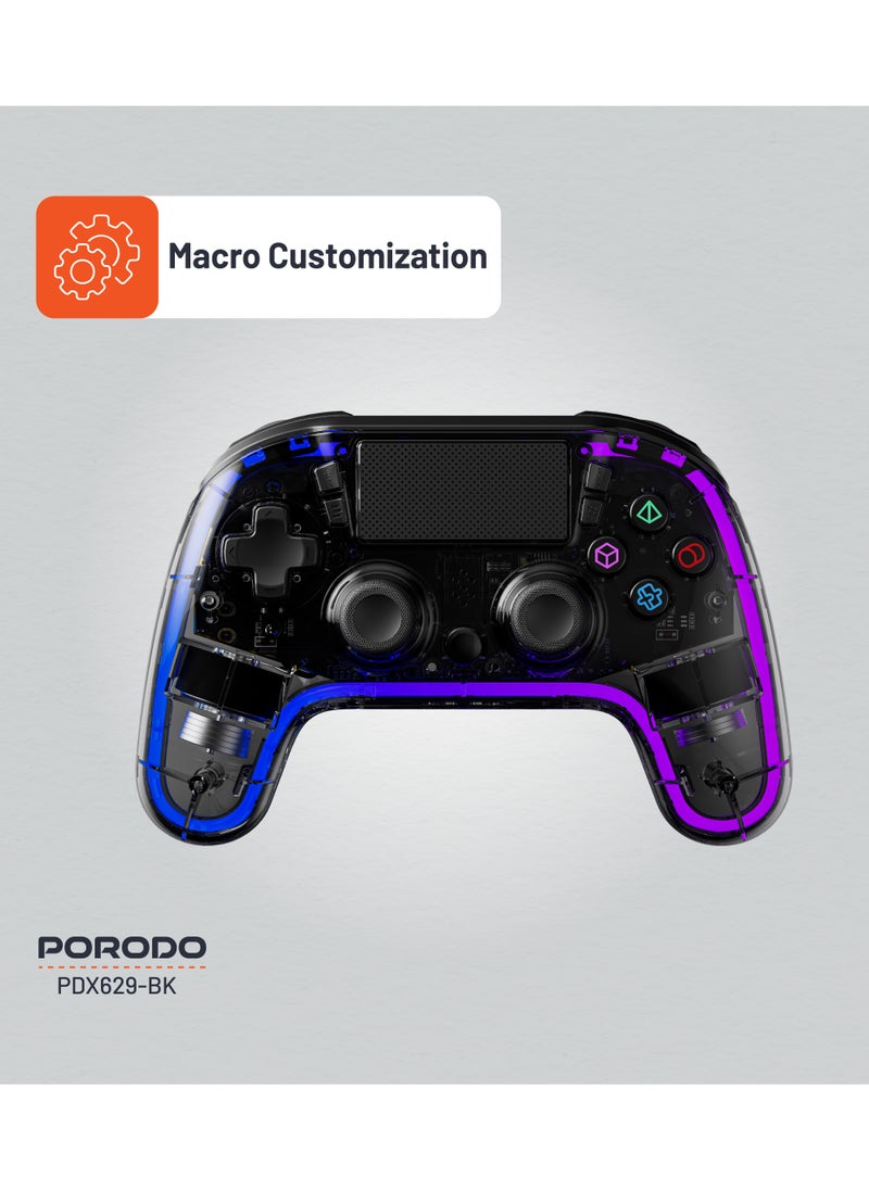 porodo Gaming Controller with Crystal Shell for PS4 /Multi-Platform Compatibility PS3/PC (D-INPUT, X-INPUT)/ iOS/ Android/ Touch Pad and Vibration / 6-Axis Motion Sensor/ RGB Lights - Black  - Image 5