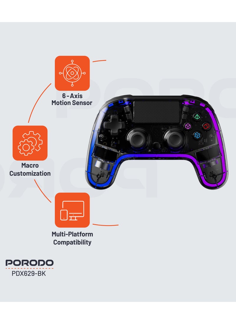 porodo Gaming Controller with Crystal Shell for PS4 /Multi-Platform Compatibility PS3/PC (D-INPUT, X-INPUT)/ iOS/ Android/ Touch Pad and Vibration / 6-Axis Motion Sensor/ RGB Lights - Black  - Image 2