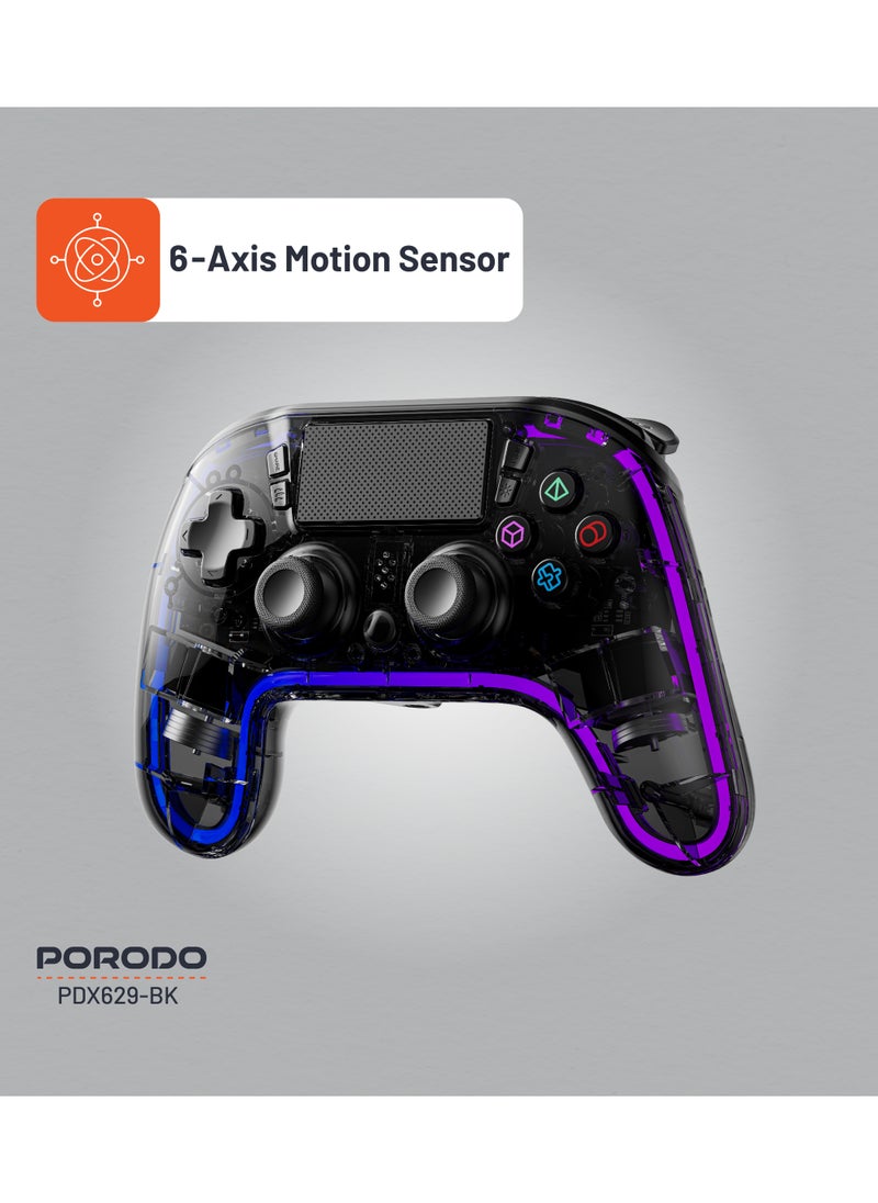 porodo Gaming Controller with Crystal Shell for PS4 /Multi-Platform Compatibility PS3/PC (D-INPUT, X-INPUT)/ iOS/ Android/ Touch Pad and Vibration / 6-Axis Motion Sensor/ RGB Lights - Black  - Image 4