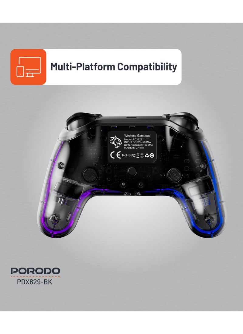 porodo Gaming Controller with Crystal Shell for PS4 /Multi-Platform Compatibility PS3/PC (D-INPUT, X-INPUT)/ iOS/ Android/ Touch Pad and Vibration / 6-Axis Motion Sensor/ RGB Lights - Black  - Image 3