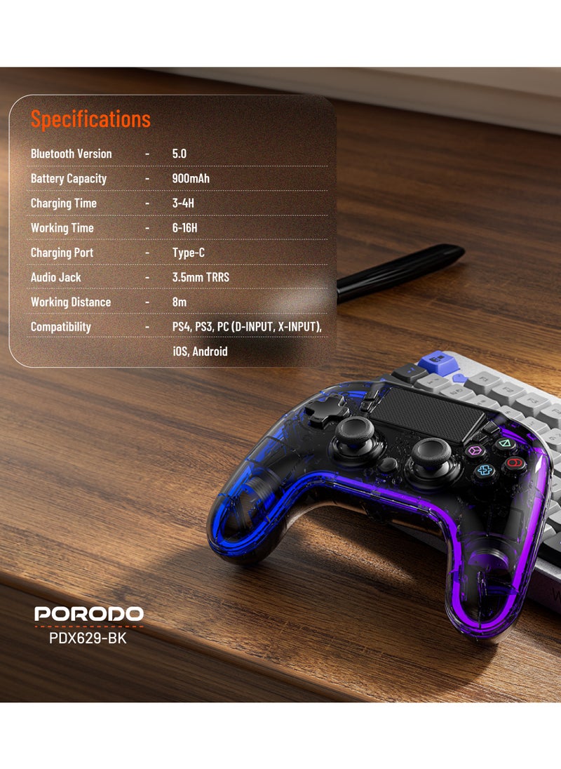 بورودو - وحدة تحكم ألعاب مع Crystal Shell لجهاز PS4 / متوافق مع منصات متعددة PS3 / PC (D-INPUT، X-INPUT) / iOS / Android / لوحة لمس واهتزاز / مستشعر حركة 6 محاور / أضواء RGB - أسود - Image 1