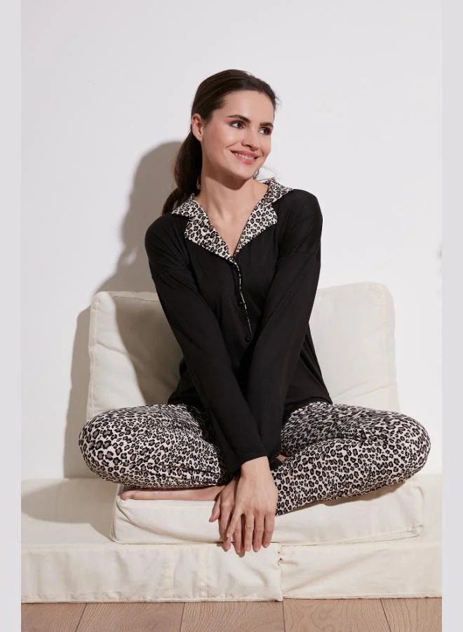 Lela Lela Patterned Elastic Waist Long Sleeve Shirt Collar Woven Pajama Set Women's Pajama Set 6097520