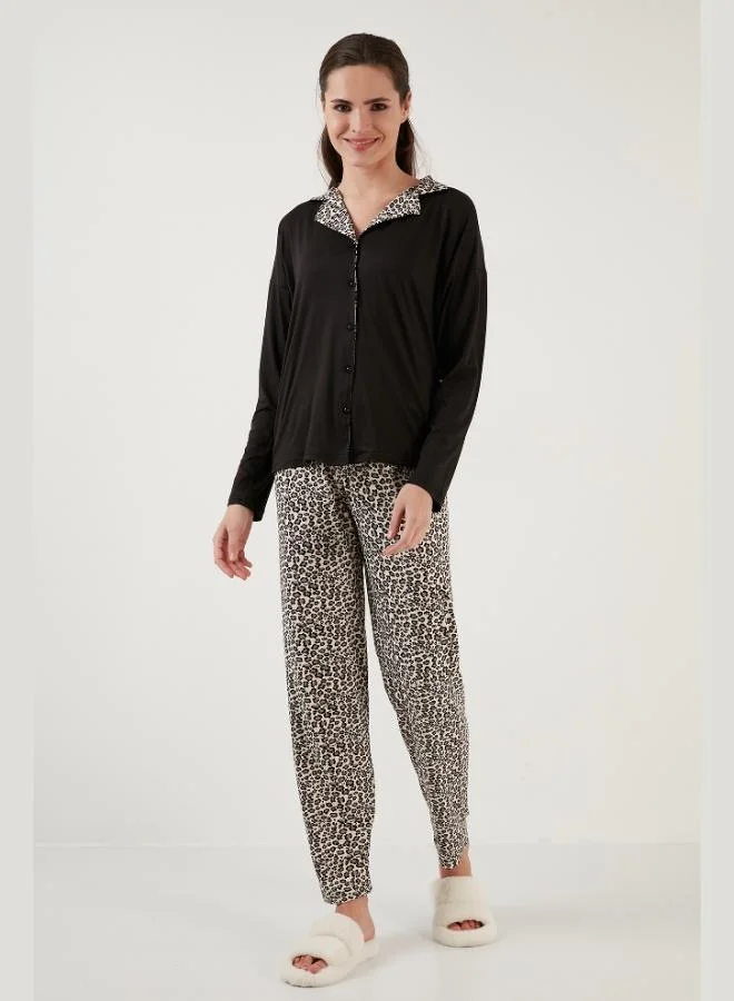 Lela Lela Patterned Elastic Waist Long Sleeve Shirt Collar Woven Pajama Set Women's Pajama Set 6097520