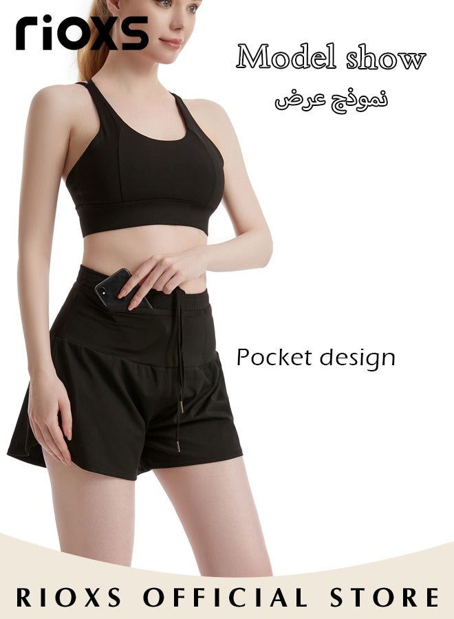 RIOXS Women's Athletic Shorts,High Waist Running Shorts With Liner,Quick-Drying Yoga Shorts For Women Ladies,Breathable Loose Sports Shorts With Pockets,Hiking Workout Training Fitness Shorts,Woman Sportswear  - Image 2