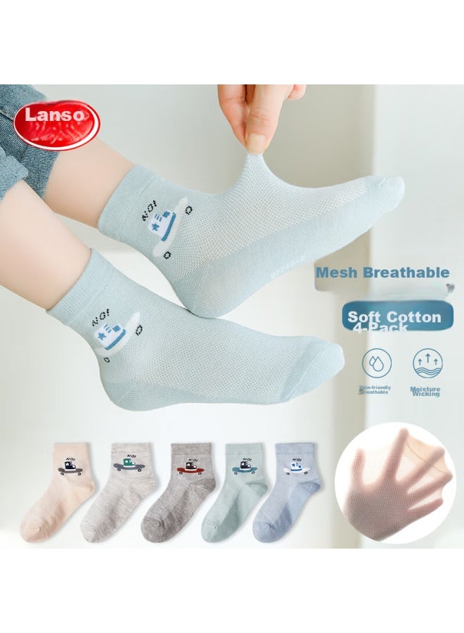 LANG SHA Langsha Children's Socks, Boys' Summer Thin Mesh Socks, Mid-calf Cotton Socks, Baby Short Socks, 5 Pairs, Cartoon Car Design, 2XL - Image 1