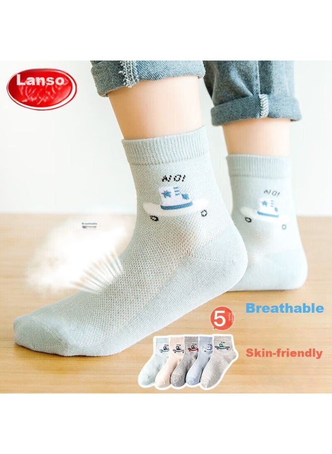 LANG SHA Langsha Children's Socks, Boys' Summer Thin Mesh Socks, Mid-calf Cotton Socks, Baby Short Socks, 5 Pairs, Cartoon Car Design, 2XL - Image 2