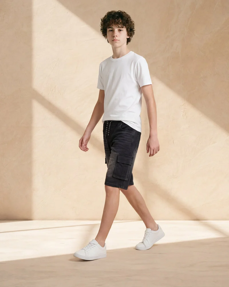 Redtag Senior Boys Black Knit Cargo Shorts