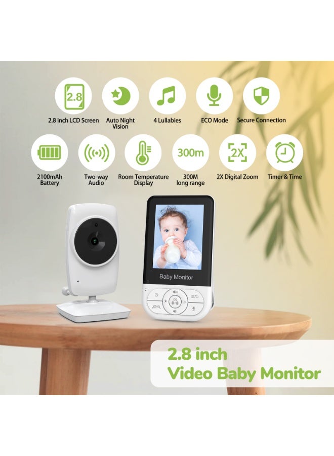 Baby Monitor with 2.8-inch Wireless Video, Two-Way Audio Intercom, Night Vision, Room Temperature Monitoring, and Lullabies - Image 2