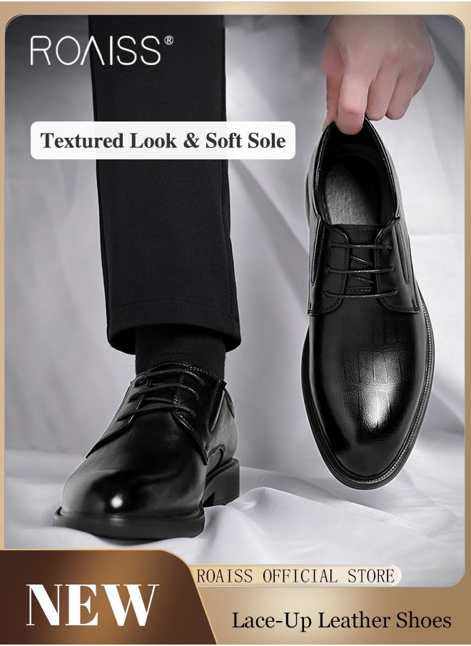 roaiss - Formal Business Leather Shoes for Men High Fashion Textures Soft Sole Comfort Wedding Groom Shoes Mens Round Toe Low Top Lace up Front Anti Slip Wear Resistant Work Shoes - Image 1