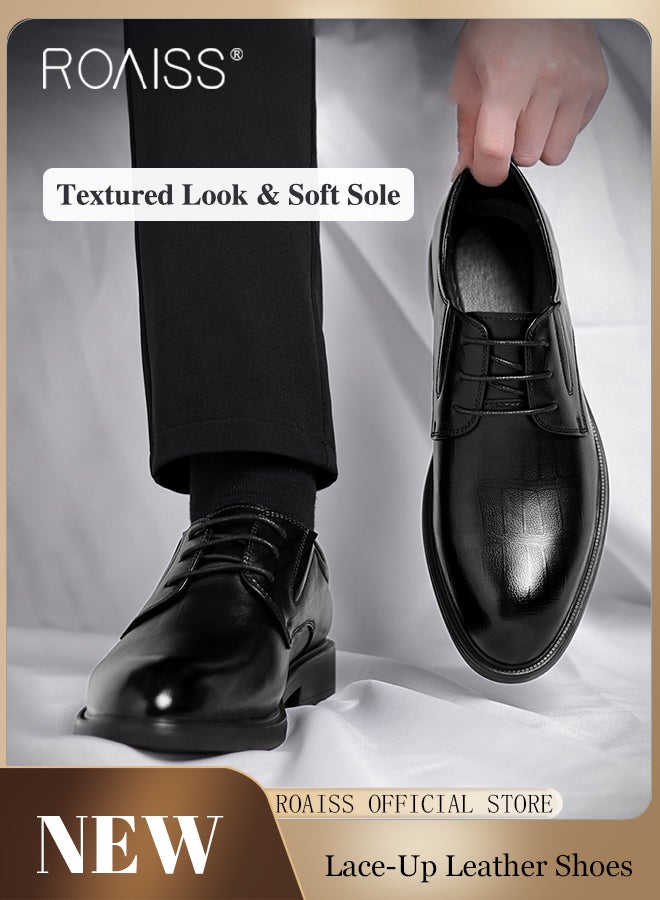 Formal Business Leather Shoes for Men High Fashion Textures Soft Sole Comfort Wedding Groom Shoes Mens Round Toe Low Top Lace up Front Anti Slip Wear Resistant Work Shoes Pure Black for Men