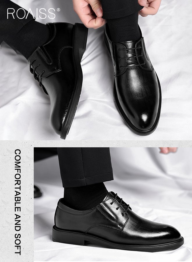 Formal Business Leather Shoes for Men High Fashion Textures Soft Sole Comfort Wedding Groom Shoes Mens Round Toe Low Top Lace up Front Anti Slip Wear Resistant Work Shoes Pure Black for Men image 4