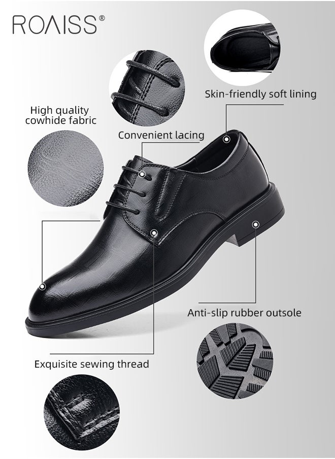 roaiss - Formal Business Leather Shoes for Men High Fashion Textures Soft Sole Comfort Wedding Groom Shoes Mens Round Toe Low Top Lace up Front Anti Slip Wear Resistant Work Shoes - Image 1