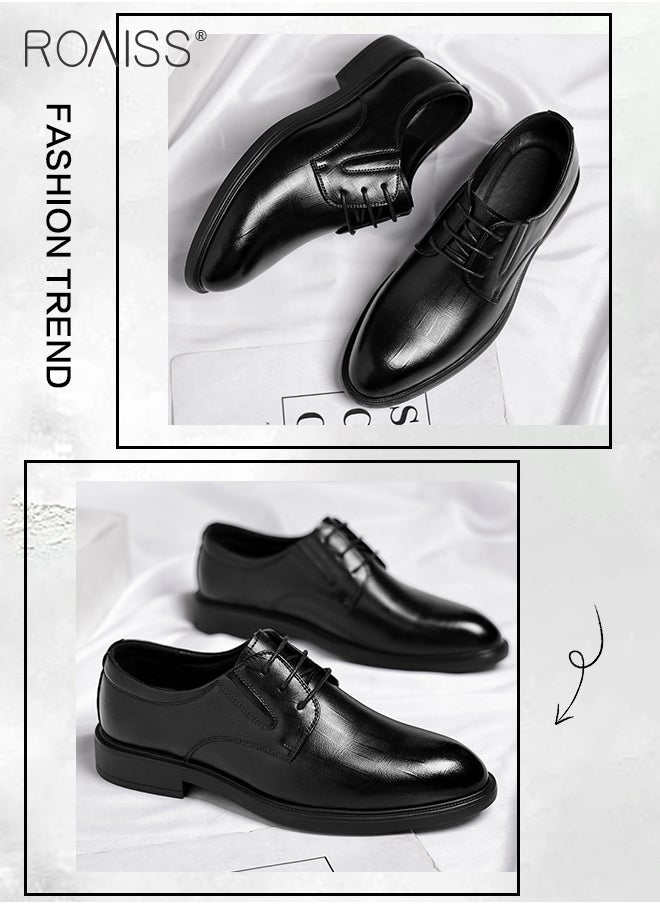 roaiss - Formal Business Leather Shoes for Men High Fashion Textures Soft Sole Comfort Wedding Groom Shoes Mens Round Toe Low Top Lace up Front Anti Slip Wear Resistant Work Shoes - Image 1