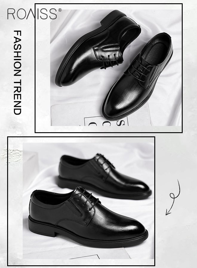 Formal Business Leather Shoes for Men High Fashion Textures Soft Sole Comfort Wedding Groom Shoes Mens Round Toe Low Top Lace up Front Anti Slip Wear Resistant Work Shoes Pure Black for Men image 5