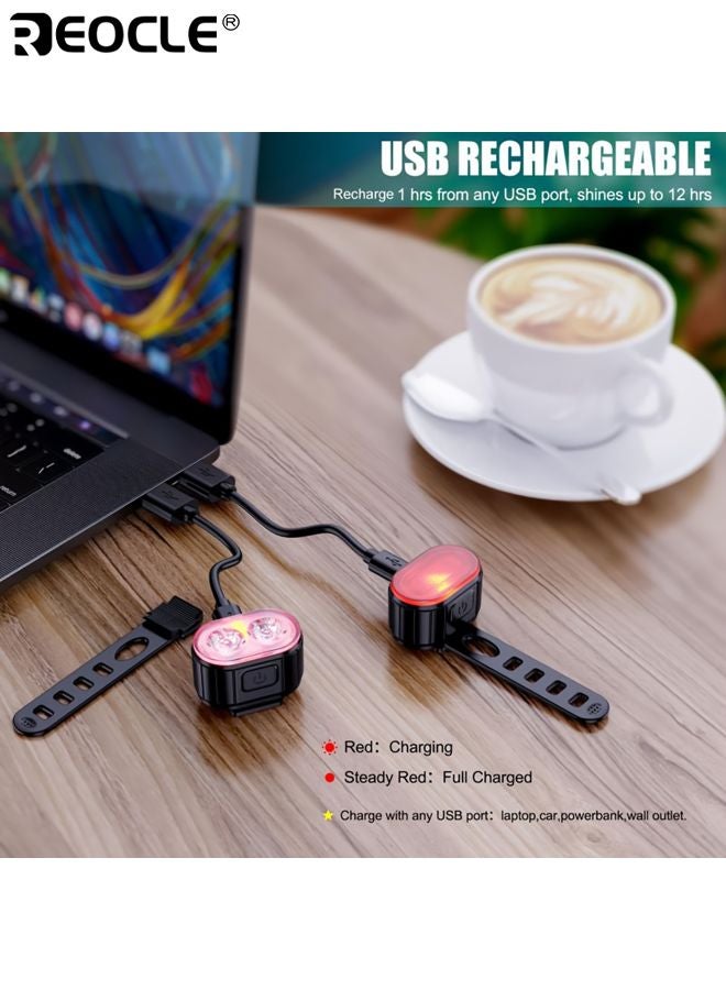 REOCLE Bicycle Front and Rear Light Set USB Rechargeable LED Bike Light Night Riding Flashlight Shockproof PC Case Waterproof Bike Headlight and Taillight Easy to Install - Image 4