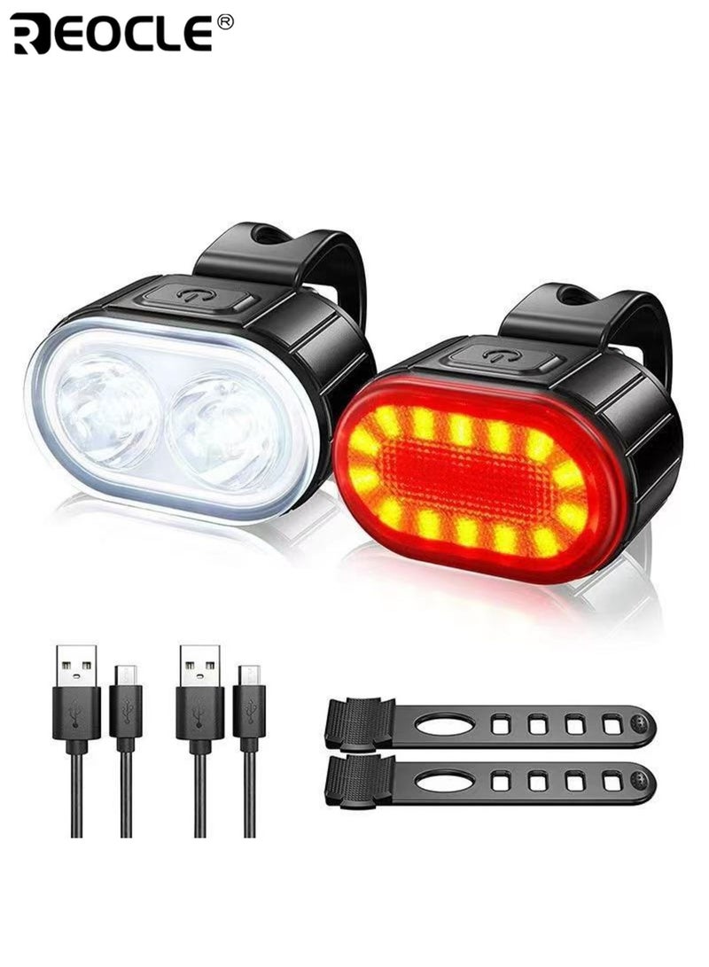 REOCLE Bicycle Front and Rear Light Set USB Rechargeable LED Bike Light Night Riding Flashlight Shockproof PC Case Waterproof Bike Headlight and Taillight Easy to Install - Image 1