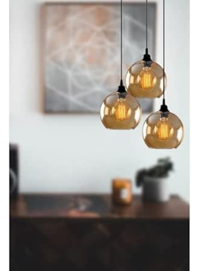 Modern 3-Light Cluster Pendant Light, Amber Glass Globe Shades, Black Mount