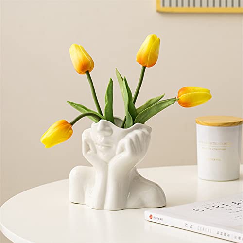 Wadiy White Ceramic Face Vase, Female Form Head Half Body Bust Vases Boho Feminist Minimalism Decorative Modern Nordic Style Flower Vase for Home Living Room Office Book Shelf Decor (Medium) - Image 3