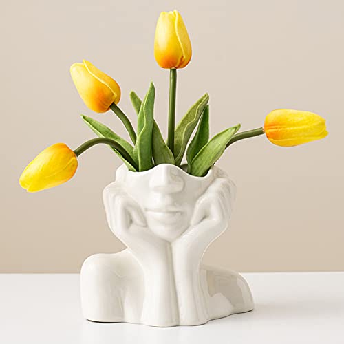 Wadiy White Ceramic Face Vase, Female Form Head Half Body Bust Vases Boho Feminist Minimalism Decorative Modern Nordic Style Flower Vase for Home Living Room Office Book Shelf Decor (Medium) - Image 1