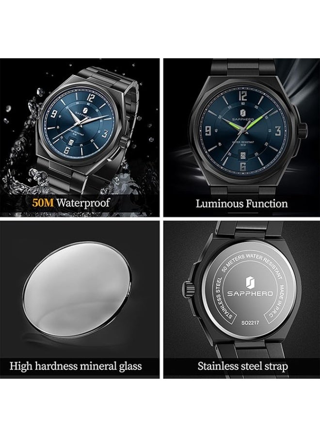 Sapphero Watches for Men Arabic Numeral Dial Quartz Wristwatch 50M Waterproof Luminous Watches Mens Watch Work Sport Casual Dress Watch with Stainless Steel Strap Elegant Gifts for Men - Image 5