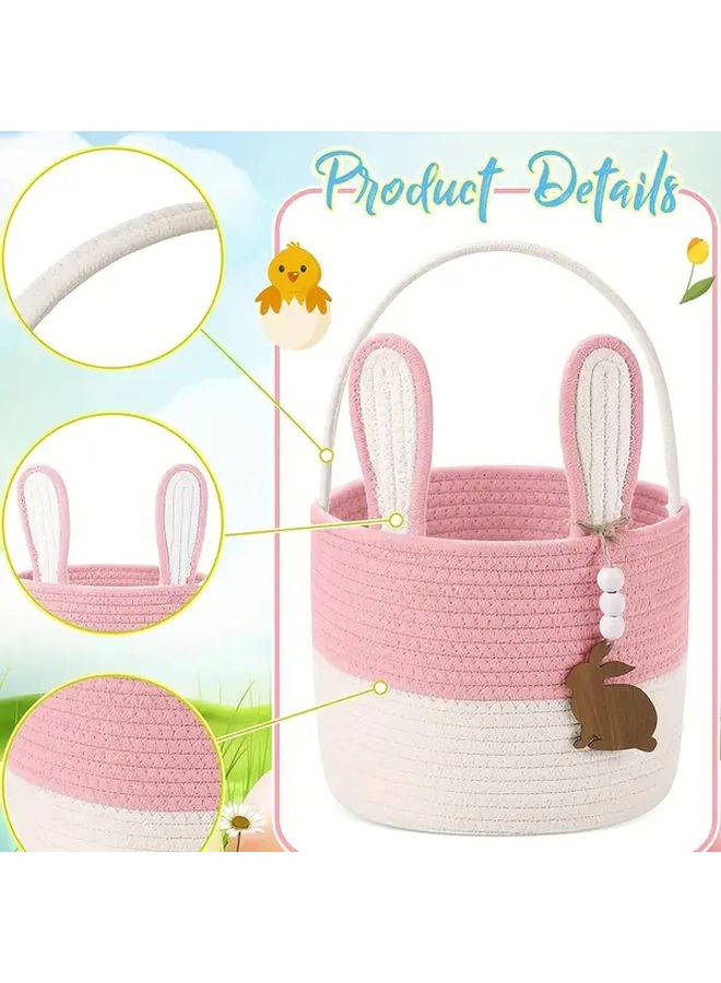 سلة نسج وردية على شكل أرنب للتخزين لنزهات الوجبات الخفيفة والحلوى والتسوق - Image 4