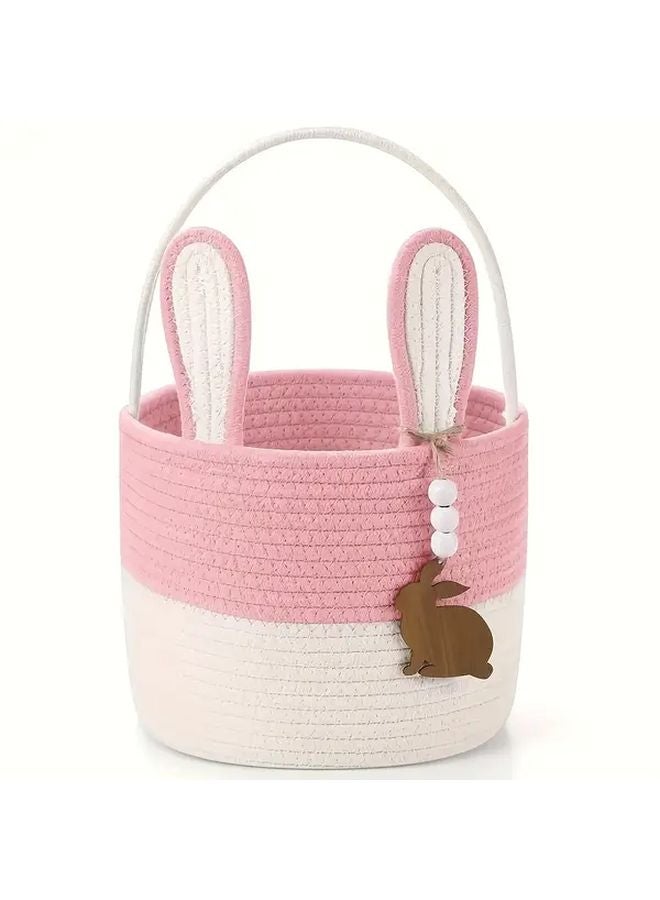 سلة نسج وردية على شكل أرنب للتخزين لنزهات الوجبات الخفيفة والحلوى والتسوق - Image 1