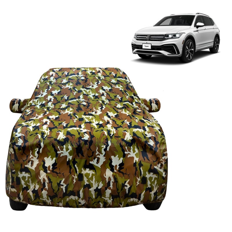 VYAS 100% Waterproof Car Body Cover for Volkeswagen Tiguan (2020-2025) with Mirror Pocket Triple Stitched Belt & Buckle Fitting Dual Elastic, Durable Material Jungle Print Camouflage Design - Image 1