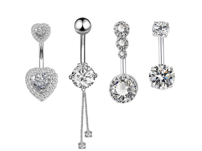 HQLA 14G Surgical Steel Belly Button Rings Round Love Heart Clear CZ Navel Curved Barbell Studs Sexy Body Piercing (4PCS - Steel)