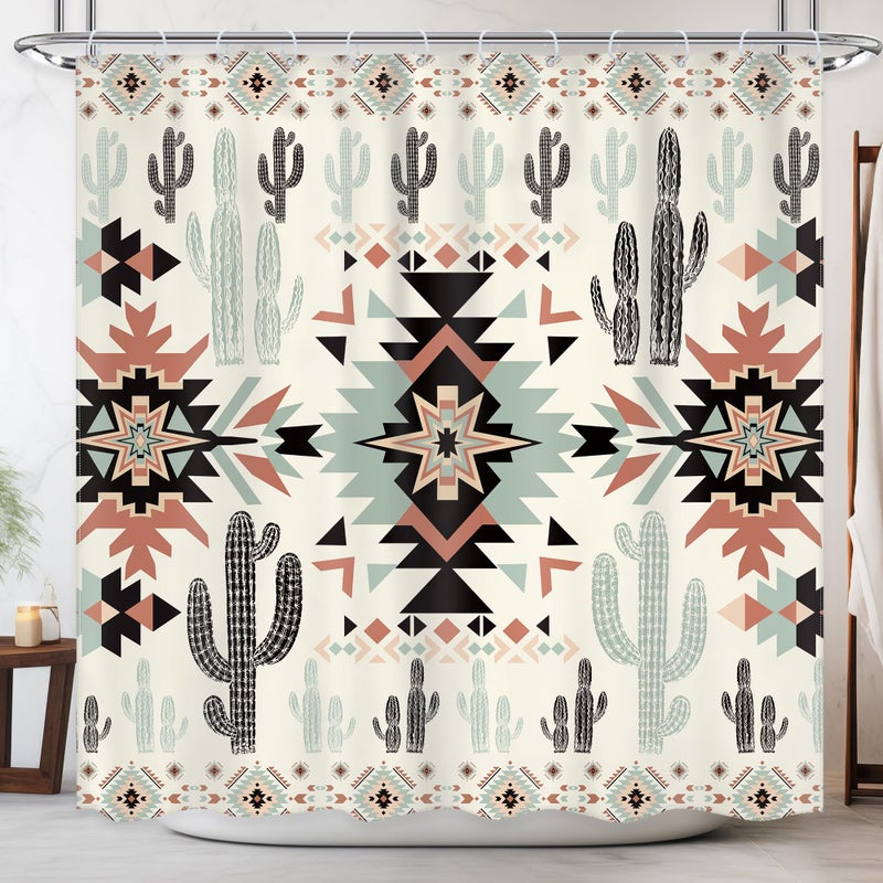 Newsely Western Aztec Cactus Shower Curtain 72Wx72H Inch Southwestern Boho Tribal Geometric Ethnic Shower Curtain Bathroom Set Native American Waterproof Bath Decoration Accessories Home Decor - Image 1