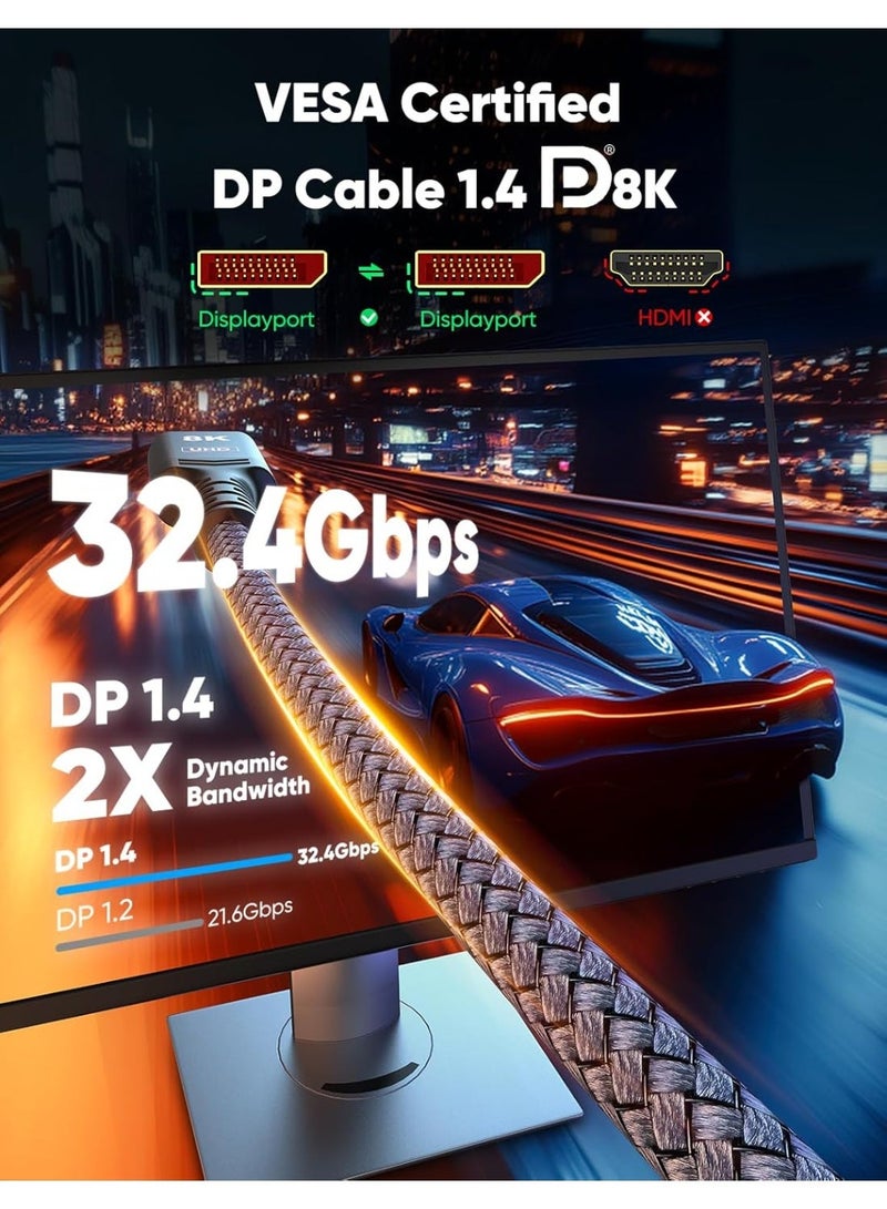 إيغويل كابل DisplayPort 2.1 80 جيجابت في الثانية 2 متر، سلك DP 2.1 [16K@60Hz، 8K@120Hz، 4K@240Hz] يدعم HDR10 وDSC1.2a وG-Sync وFreeSync، مضفر - عبوة من 2 - Image 2