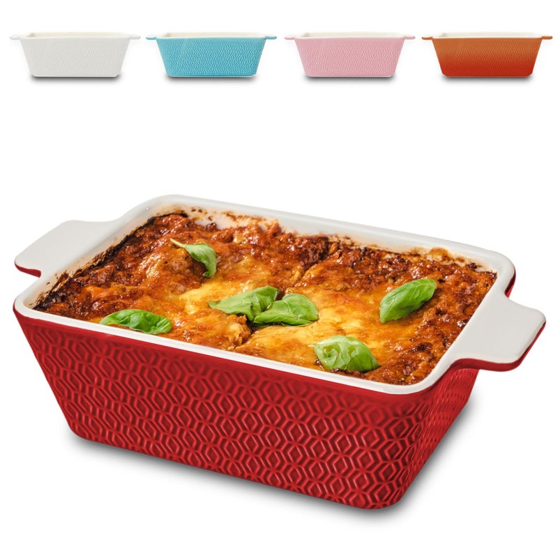 Praknu Ceramic Casserole Dish 21cm  Large Baking Dish for Lasagne Tiramisu  Nonstick Rectangular Bakeware Dish  Extra High Edge  Oven Safe  Dishwasher Safe  Red