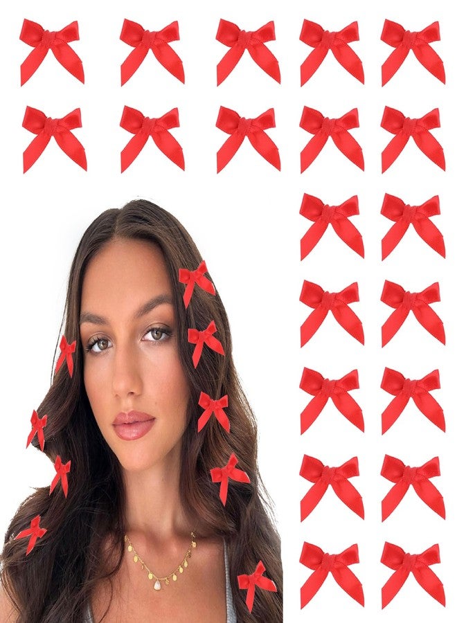 COMNICO 20PCS Bow Hair Clips Mini Bowknot Metal Barrettes Hair Accessories Twist Tie Silky Satin Hair Ribbon Cute Non-slip Hairpins for Women Girls Teens Kids(Red) - Image 1