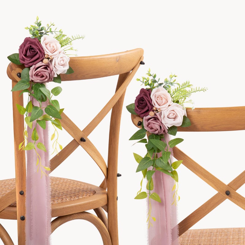 DORIS HOME Wedding Aisle Decorations Mauve Pew Flowers Set of 10 for Wedding Ceremony Party Chair Decor with Artificial Flowers Eucalyptus and Ribbons - Image 1