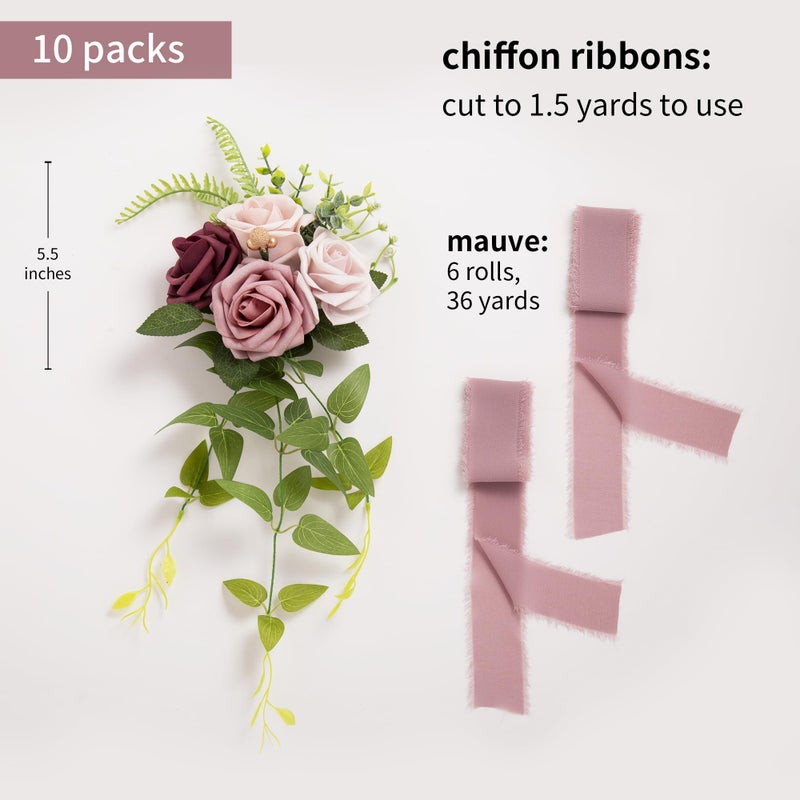 DORIS HOME Wedding Aisle Decorations Mauve Pew Flowers Set of 10 for Wedding Ceremony Party Chair Decor with Artificial Flowers Eucalyptus and Ribbons - Image 3