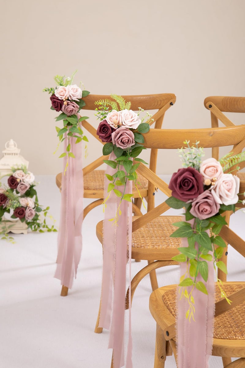 DORIS HOME Wedding Aisle Decorations Mauve Pew Flowers Set of 10 for Wedding Ceremony Party Chair Decor with Artificial Flowers Eucalyptus and Ribbons - Image 2