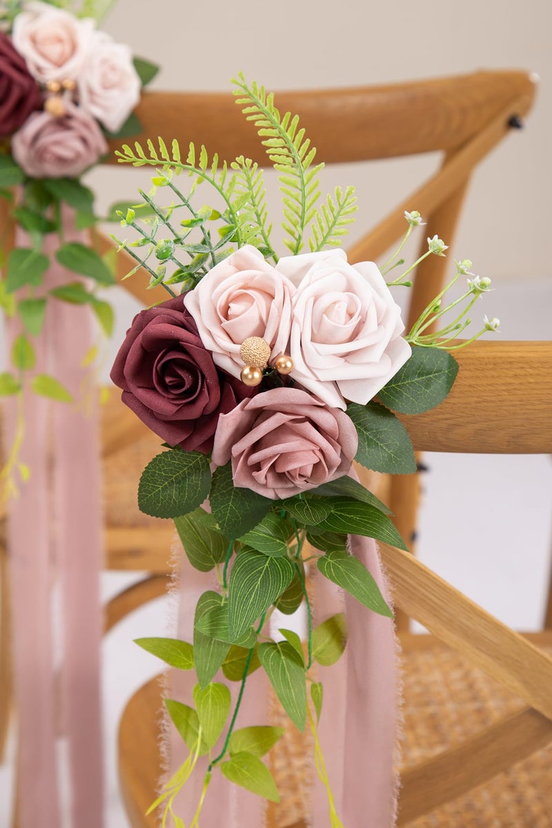DORIS HOME Wedding Aisle Decorations Mauve Pew Flowers Set of 10 for Wedding Ceremony Party Chair Decor with Artificial Flowers Eucalyptus and Ribbons - Image 4