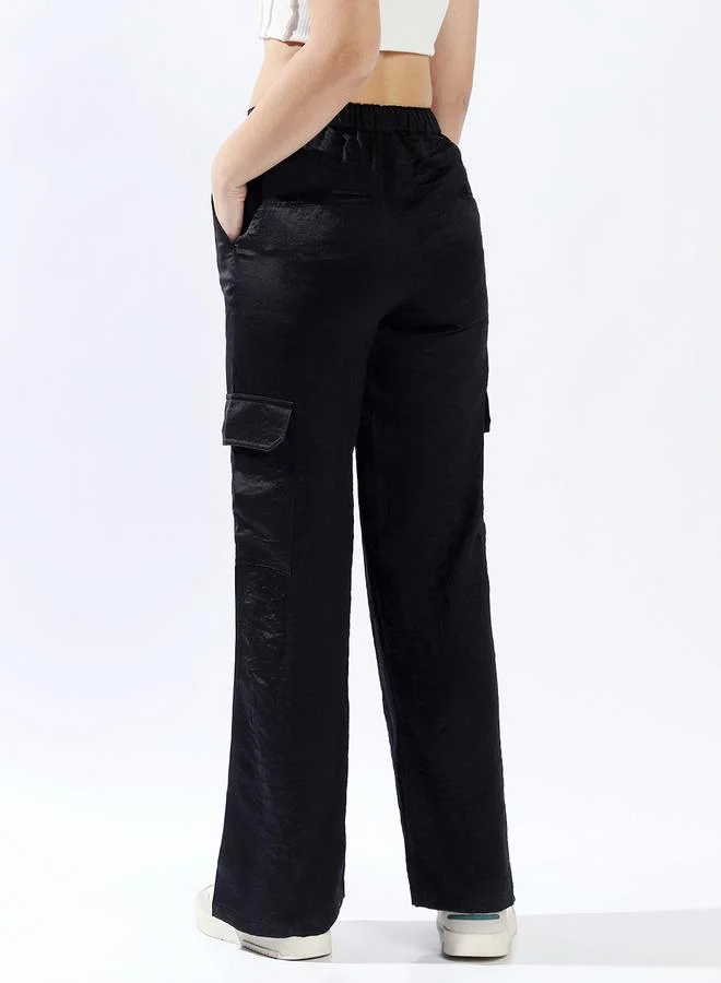 HIGH STAR Women Relaxed Loose Fit High-Rise Cargo Textured Satin Trousers