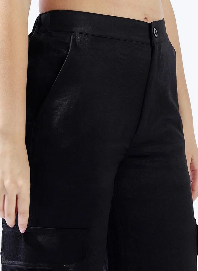HIGH STAR Women Relaxed Loose Fit High-Rise Cargo Textured Satin Trousers