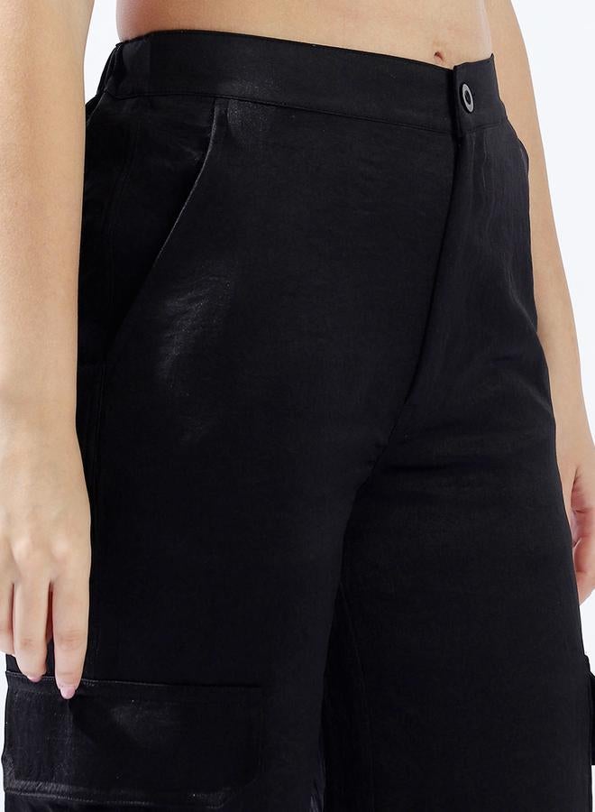 HIGH STAR Women Relaxed Loose Fit High-Rise Cargo Textured Satin Trousers  - Image 5